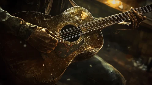 Weathered acoustic guitar gripped by gritty worn hands.