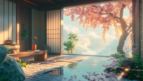 Rendered tatami room opens onto cherry tree and mountain view