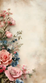 Pink Roses and Blue Flowers on Aged Cream Background