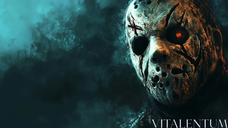 Scarred hockey mask in eerie teal smoke ambience.