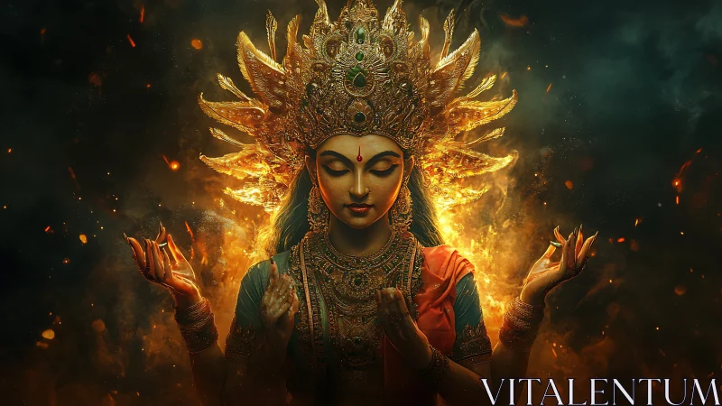 Fire crowned goddess closes her eyes and quiets the storm