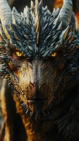 Smoldering dragon close-up with molten eyes and ridged horns.