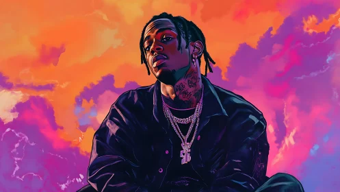 Stylized rapper portrait against saturated neon gradient cloudscape