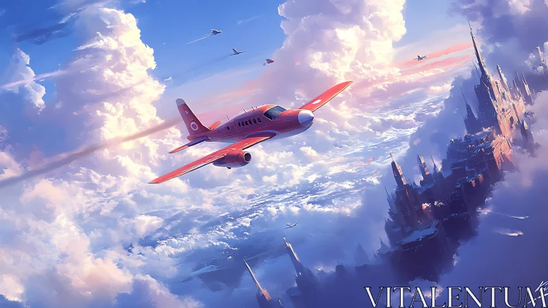Digital painting of crimson aircraft over cloud citadel skyline.