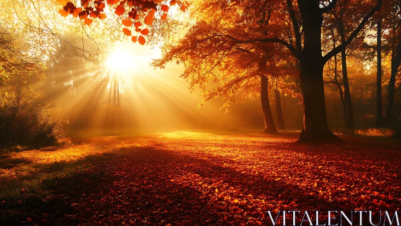 Sun rays penetrate autumn woodland creating defined beams