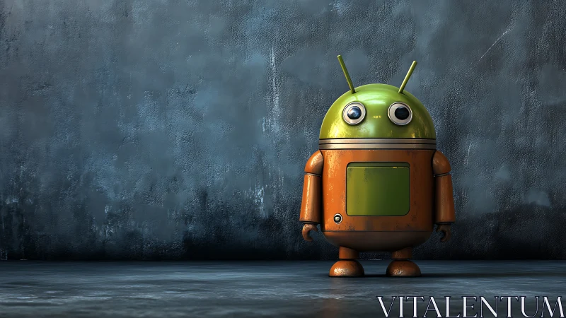 Industrial android mascot robot against textured concrete wall