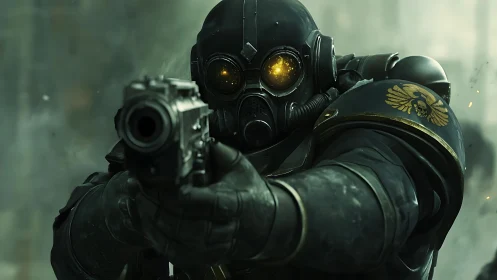 Golden-eyed trooper steadies a pistol in toxic twilight