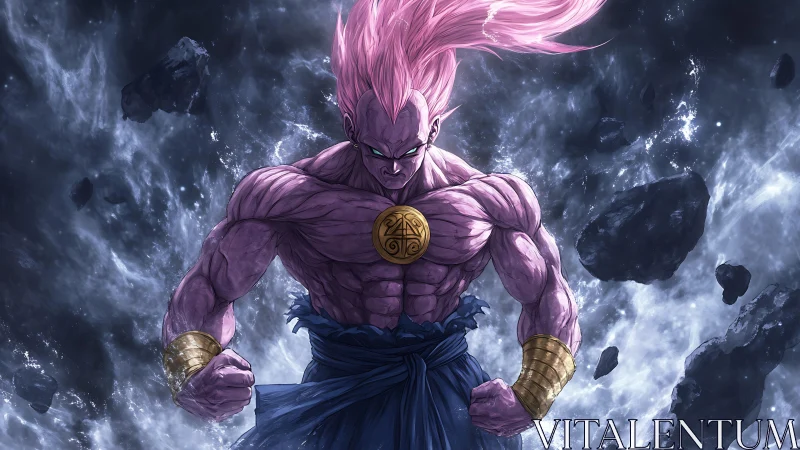 Cosmic pink warrior unleashes raw power amid drifting asteroids