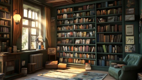 Sunlit book haven where dust motes and stories quietly glow.