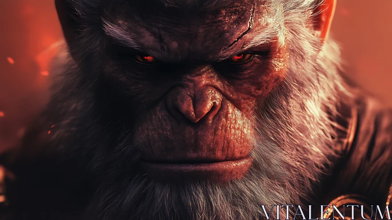 Fierce red eyed ape warrior in intense fiery closeup.