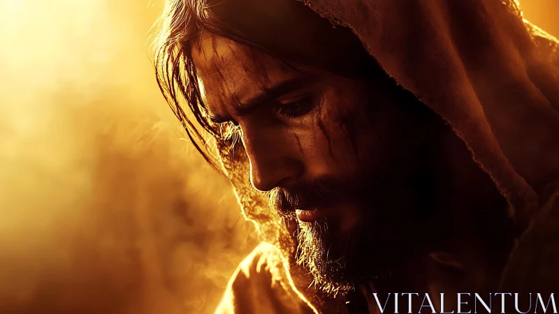 Hooded wanderer bows into molten light and quiet sorrow