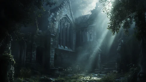 Moonlit ruin where quiet stone halls meet drifting light.