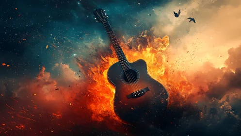 Flaming acoustic guitar suspended in cinematic storm sky.
