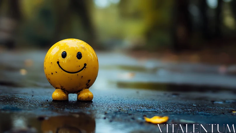 Cheerful yellow smiley toy on wet reflective pavement at dusk.