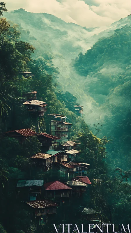 Misty mountain village clinging to lush emerald cliffsides.