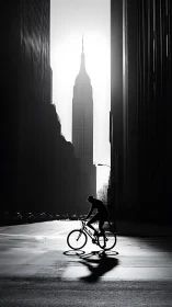 Monochromatic urban canyon with solitary cyclist silhouetted against architectural perspective