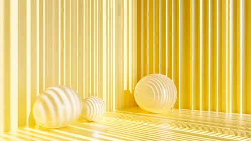 Yellow geometric room with striped translucent spheres.