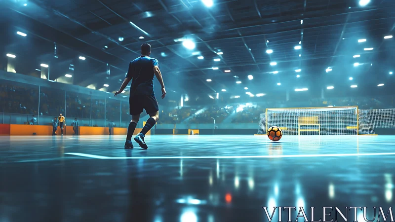 Digital arena futsal scene with cinematic spotlight depth.