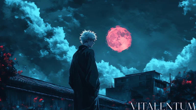 White haired figure observes red moon above urban rooftops