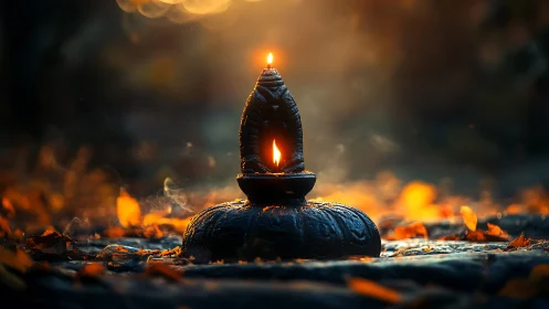 Oil lamp on stone base amid defocused autumn foliage.