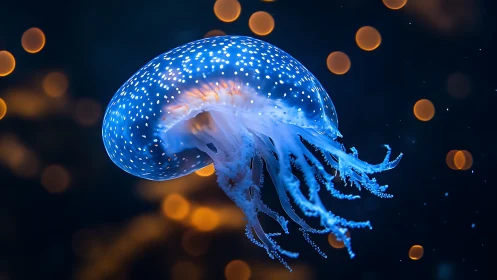 Bioluminescent jellyfish drifting through glowing bokeh sea.