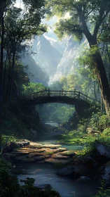 Sunlit forest bridge arches above a tranquil mountain stream.