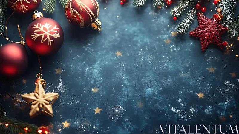 Christmas ornaments border framing blue textured background
