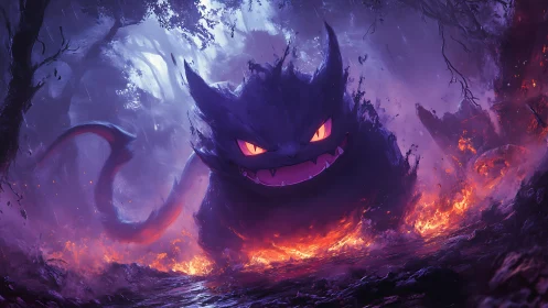 Spectral monster emerges through infernal violet forest blaze.