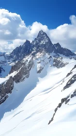 Photographic study of jagged alpine peak and snow basins.