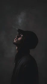 Side-lit hooded portrait in rising smoke and deep shadow.