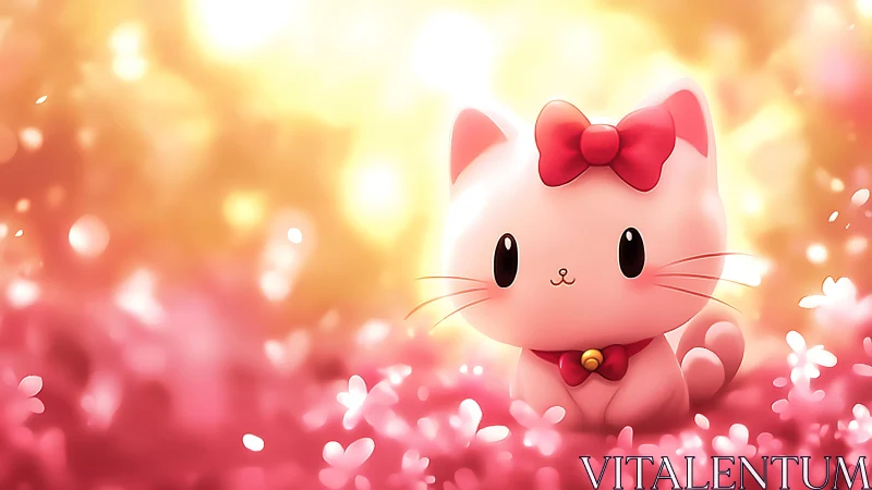 Pink cartoon cat among petals in soft warm light.