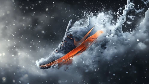 Dynamic running shoe bursting through swirling water.