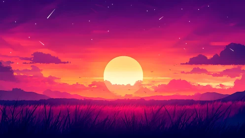 Vivid digital sunset over grassy field and distant hills.