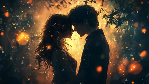 Two figures embrace in golden light with magical particles.