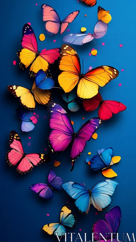 Kaleidoscope escape of neon butterflies on midnight blue.