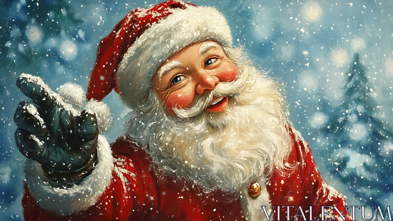 Snow-kissed Santa laughs beneath twinkling winter starlight.