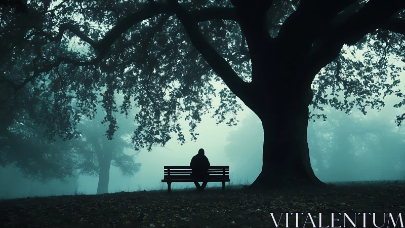 Silhouette of lone person on bench under large foggy tree