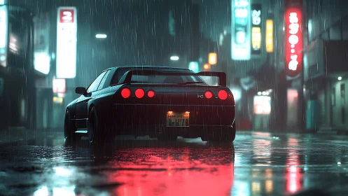 Retro sports car idles under neon rain in cinematic alley