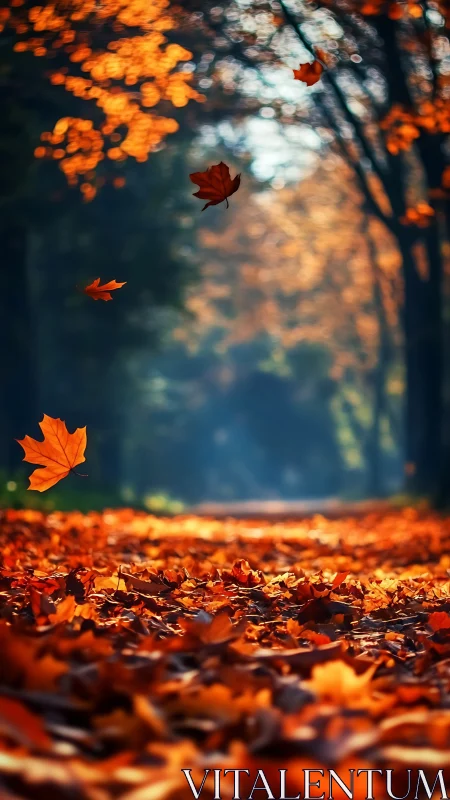 Whirling autumn leaves drift above a fiery forest path.