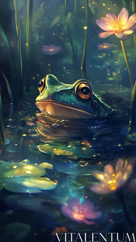 Bioluminescent pond frog rendered in high-contrast nocturnal palette