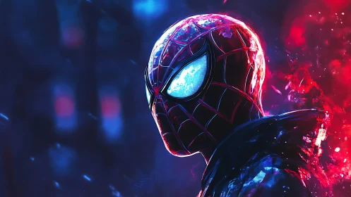 Futuristic spider-hero profile in blue and red light.