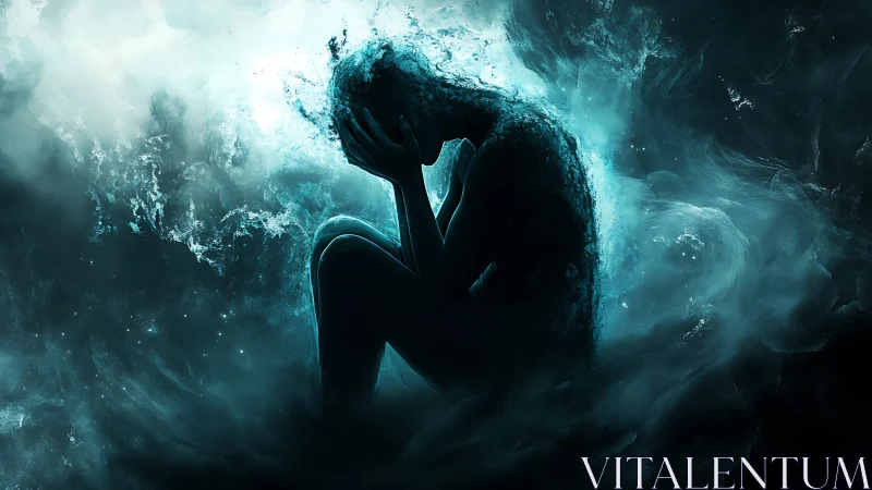 Ethereal human silhouette dissolving into stormy aqua mist.