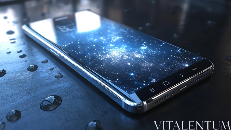 Curved-edge smartphone with cosmic display on wet surface.