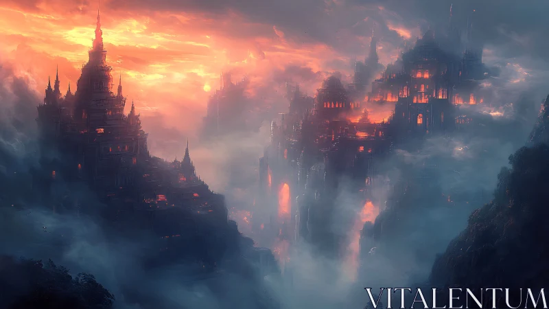 Digital painting of burning citadel skyline in storm clouds.