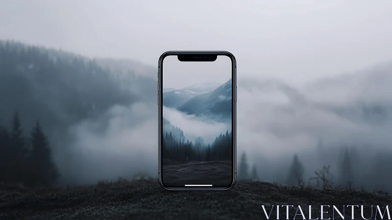 Smartphone frame isolates foggy alpine valley with matched depth