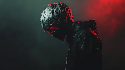 Hooded cyber-noir figure in red backlight silhouette study