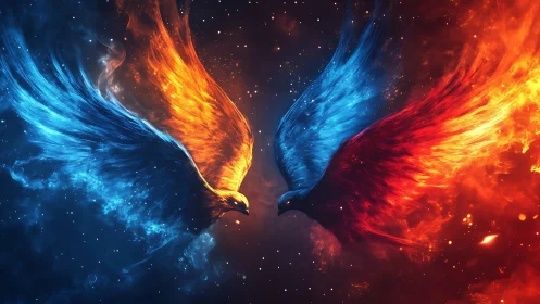 Fiery and Icy Phoenixes Collide in Dramatic Fantasy Artwork.
