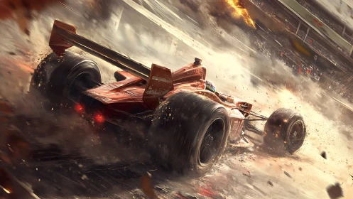 Dynamic digital painting of a red Formula racing car in flames.