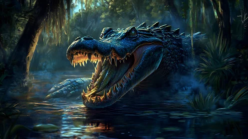 Primordial crocodile lunges from misty jungle waterway.