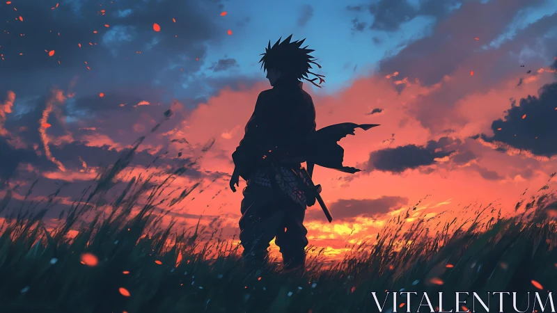 Sword-bearing wanderer breathes dusk fire into gathering night